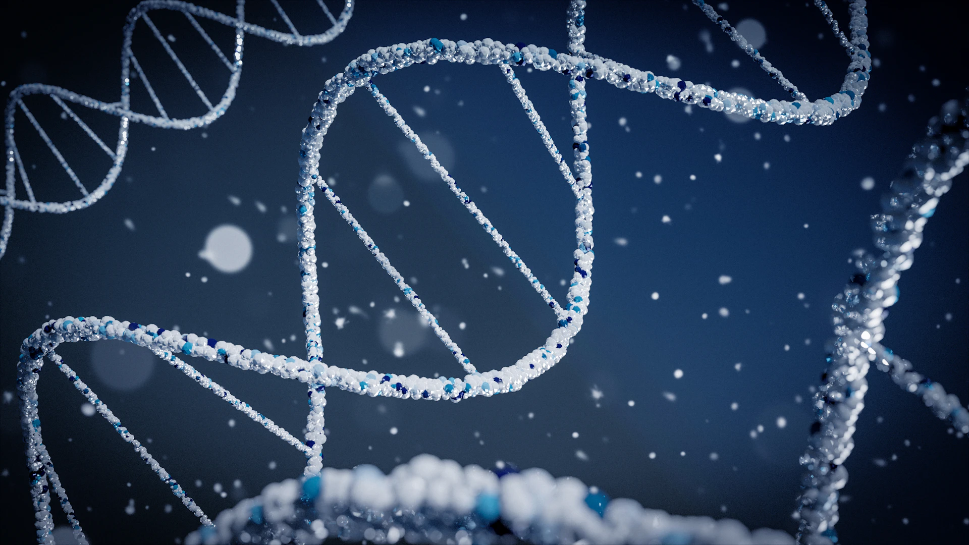 DNA double helix render on a blue background